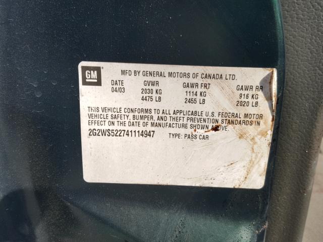 2G2WS522741114947 - 2004 PONTIAC GRAND PRIX GREEN photo 10