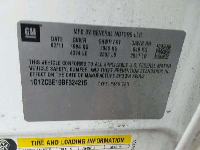 1G1ZC5E19BF324215 - 2011 CHEVROLET MALIBU 1LT თეთრი ფოტო 10