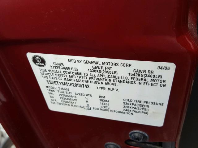 5S3ET13M162805742 - 2006 SAAB 9-7X ARC RED photo 10