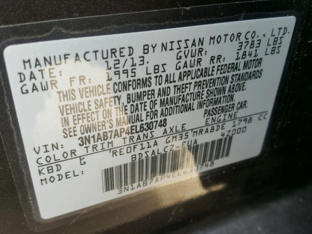 3N1AB7AP4EL630748 - 2014 NISSAN SENTRA S GRAY photo 10