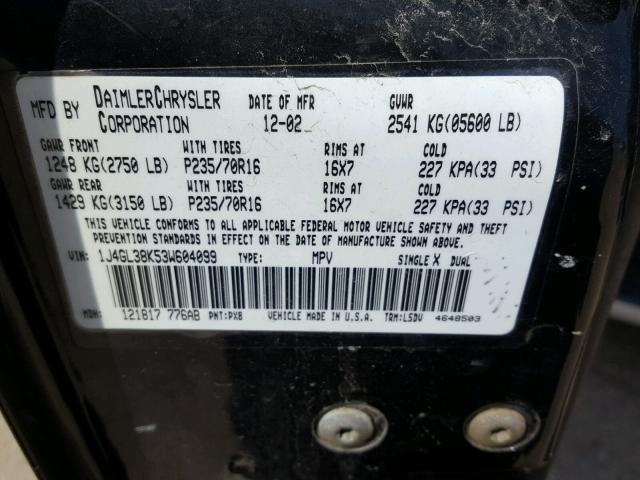 1J4GL38K53W604099 - 2003 JEEP LIBERTY RE BLACK photo 10