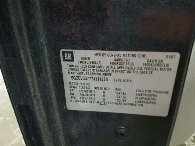 5GZEV33777J111228 - 2007 SATURN OUTLOOK SP შავი ფოტო 10