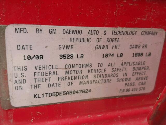 KL1TD5DE5AB047624 - 2010 CHEVROLET AVEO LS RED photo 10