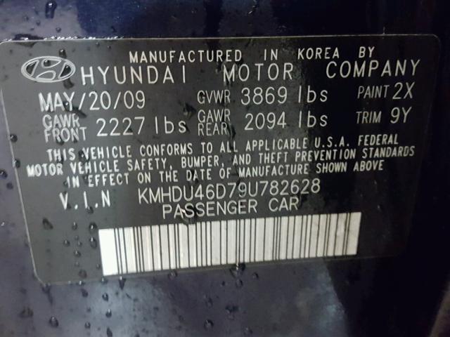 KMHDU46D79U782628 - 2009 HYUNDAI ELANTRA GL BLUE photo 10