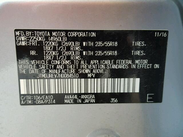 JTMDJREV7HD084510 - 2017 TOYOTA RAV4 HV HY SILVER photo 10