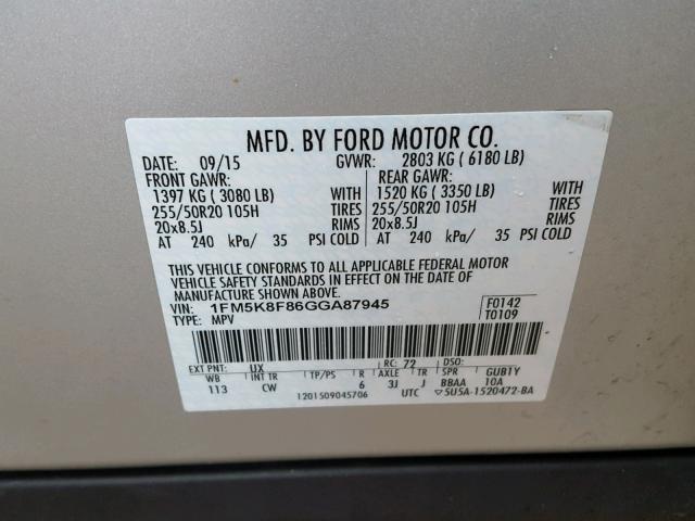 1FM5K8F86GGA87945 - 2016 FORD EXPLORER L SILVER photo 10