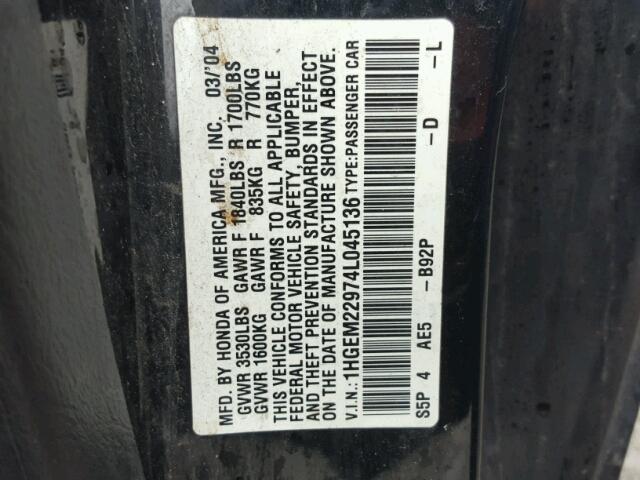 1HGEM22974L045136 - 2004 HONDA CIVIC EX Qara foto 10