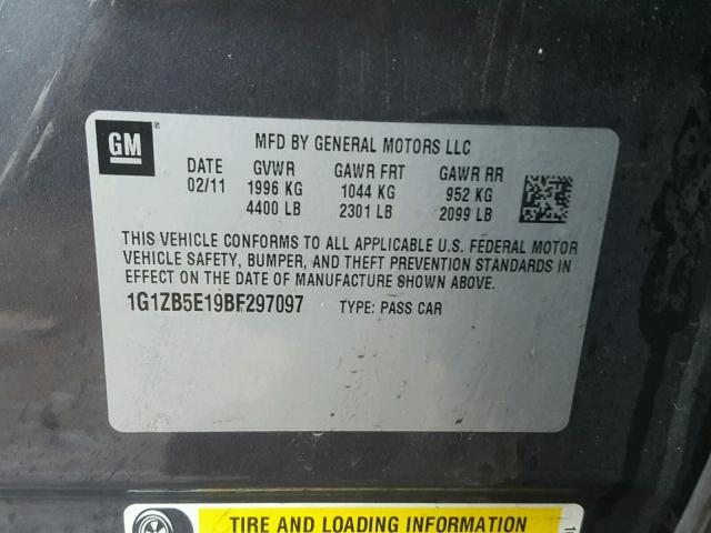 1G1ZB5E19BF297097 - 2011 CHEVROLET MALIBU LS 灰色 照片 10