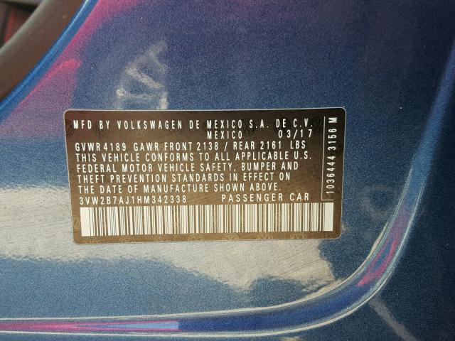 3VW2B7AJ1HM342338 - 2017 VOLKSWAGEN JETTA S 蓝色 照片 10