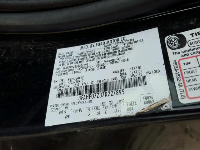 3FAHP07Z37R227895 - 2007 FORD FUSION SE BLACK photo 10