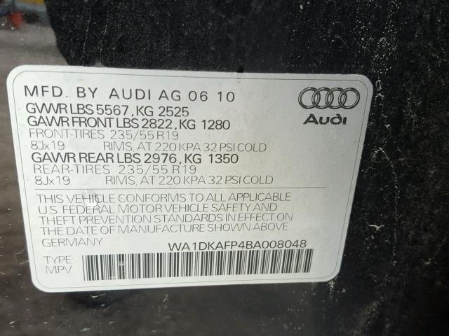 WA1DKAFP4BA008048 - 2011 AUDI Q5 PREMIUM BLACK photo 10