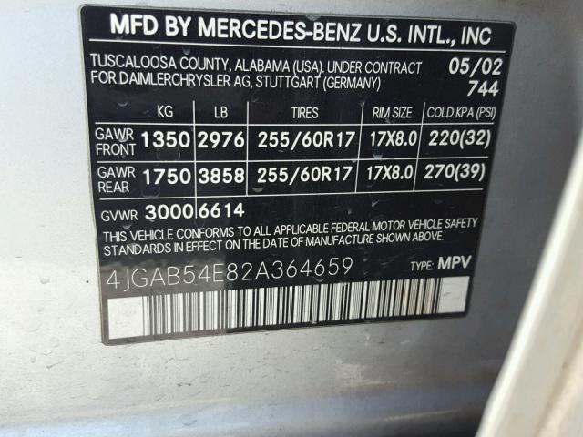 4JGAB54E82A364659 - 2002 MERCEDES-BENZ ML 320 SILVER photo 10