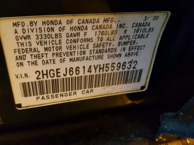 2HGEJ6614YH559632 - 2000 HONDA CIVIC BASE GREEN photo 10