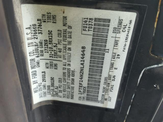 1FTEF14N2NLA14648 - 1992 FORD F150 BLACK photo 10