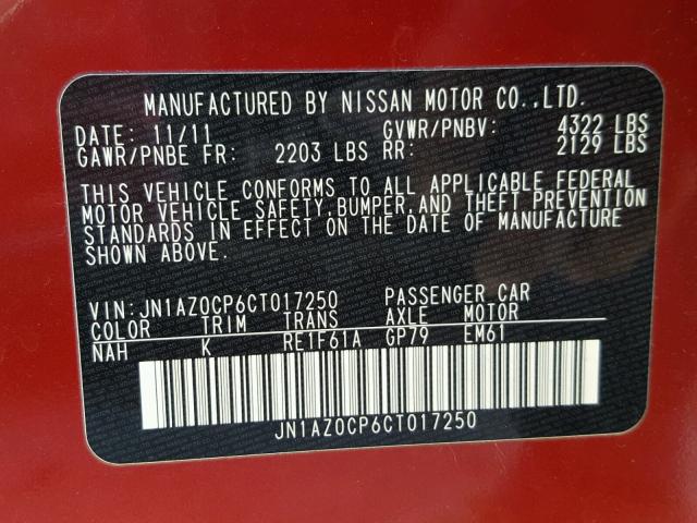 JN1AZ0CP6CT017250 - 2012 NISSAN LEAF SV RED photo 10