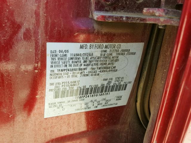 1FAFP24185G180191 - 2005 FORD FIVE HUNDR RED photo 10