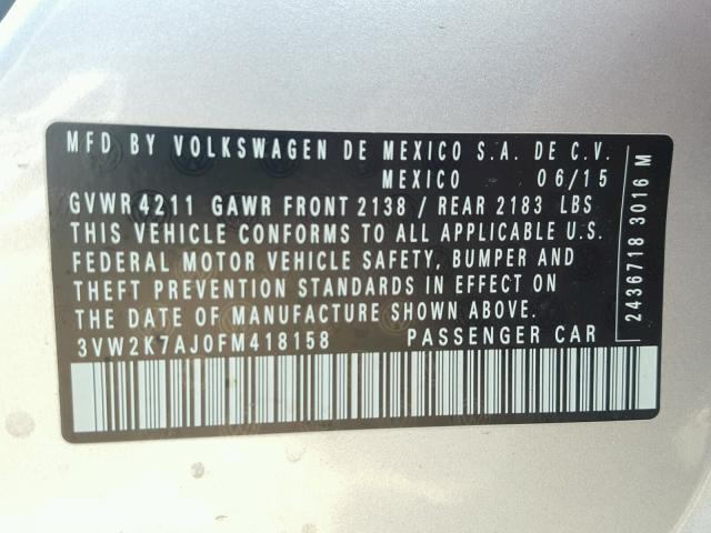 3VW2K7AJ0FM418158 - 2015 VOLKSWAGEN JETTA BASE 银色 照片 10