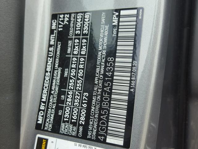 4JGDA5JB0FA514358 - 2015 MERCEDES-BENZ ML 350 GRAY photo 10