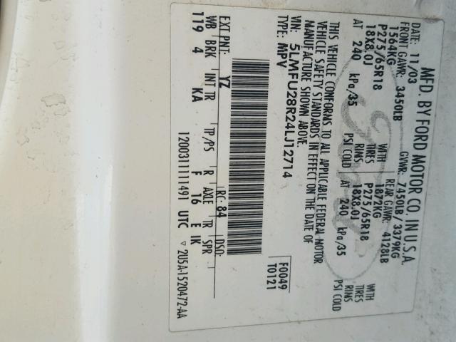 5LMFU28R24LJ12714 - 2004 LINCOLN NAVIGATOR Blanc photo 10