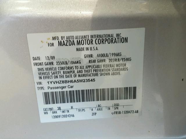 1YVHZ8BH6A5M23545 - 2010 MAZDA 6 I SILVER photo 10