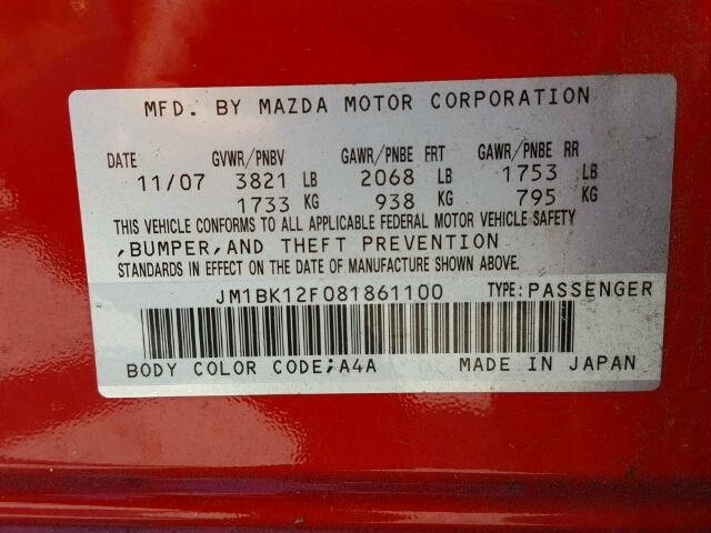 JM1BK12F081861100 - 2008 MAZDA 3 I RED photo 10