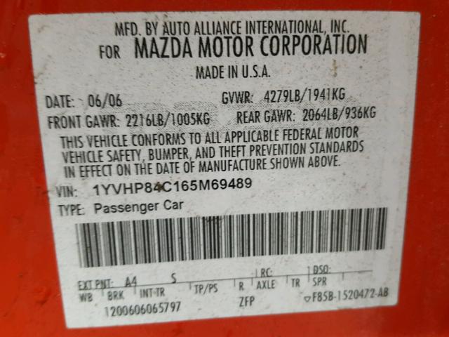 1YVHP84C165M69489 - 2006 MAZDA 6 I RED photo 10