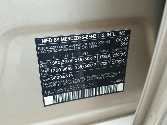 4JGAB54E92A352780 - 2002 MERCEDES-BENZ ML 320 GOLD photo 10