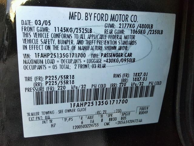 1FAHP25135G171700 - 2005 FORD FIVE HUNDR BLACK photo 10