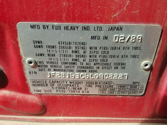 JF2BJ63C6LG902227 - 1990 SUBARU LEGACY L RED photo 10