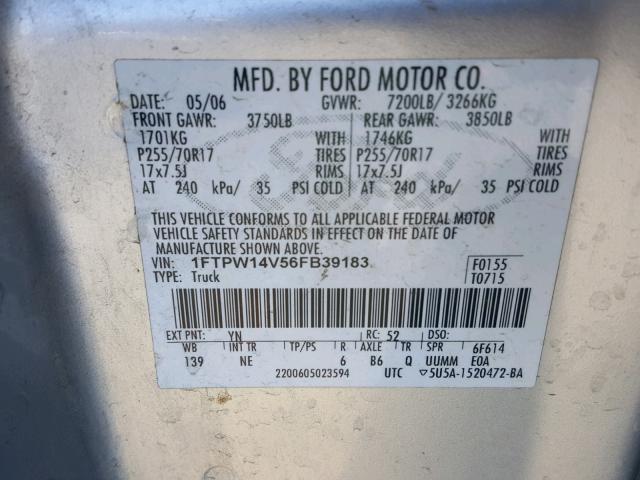 1FTPW14V56FB39183 - 2006 FORD F150 SUPER SILVER photo 10