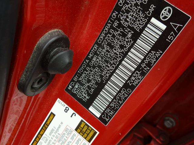 JTDKN3DU2A0176462 - 2010 TOYOTA PRIUS RED photo 10