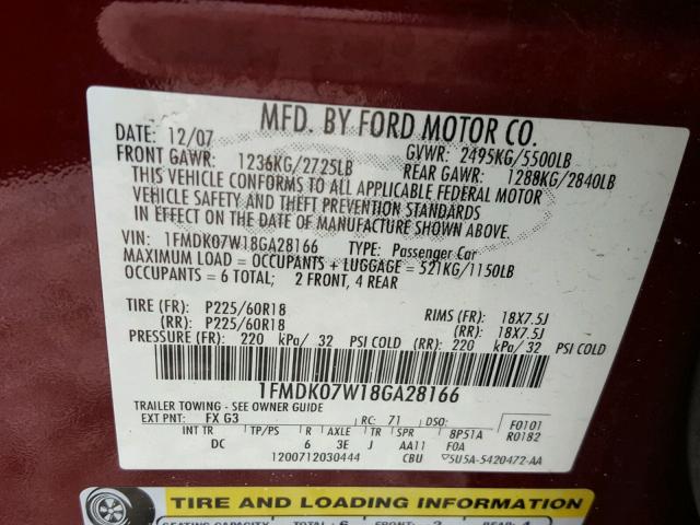 1FMDK07W18GA28166 - 2008 FORD TAURUS X E BURGUNDY photo 10