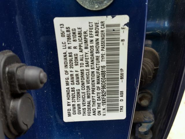 19XFB2F96DE048816 - 2013 HONDA CIVIC EXL BLUE photo 10