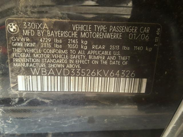 WBAVD33526KV64326 - 2006 BMW 330 XI BLACK photo 10