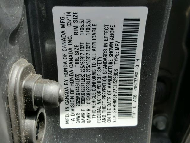 2HKRM3H77EH529308 - 2014 HONDA CR-V EXL CHARCOAL photo 10