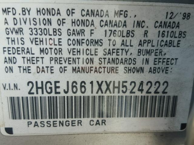 2HGEJ661XXH524222 - 1999 HONDA CIVIC BASE SILVER photo 10