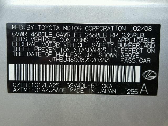 JTHBJ46G082220383 - 2008 LEXUS ES 350 SILVER photo 9