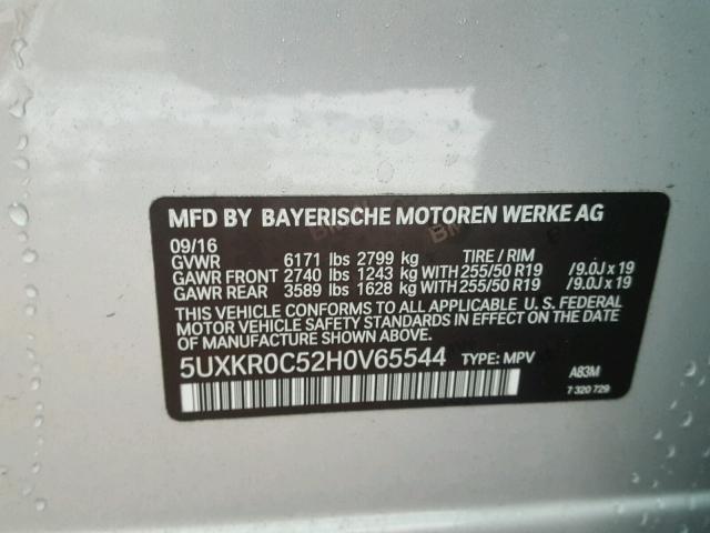 5UXKR0C52H0V65544 - 2017 BMW X5 XDRIVE3 SILVER photo 10