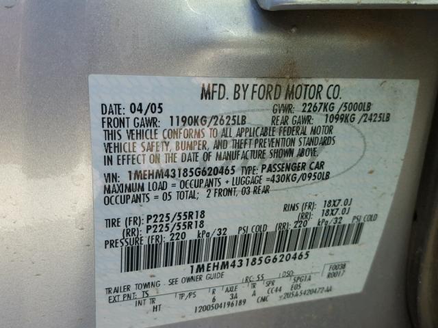 1MEHM43185G620465 - 2005 MERCURY MONTEGO PR SILVER photo 10