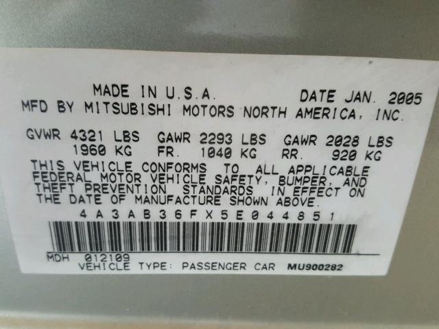 4A3AB36FX5E044851 - 2005 MITSUBISHI GALANT ES TAN photo 10