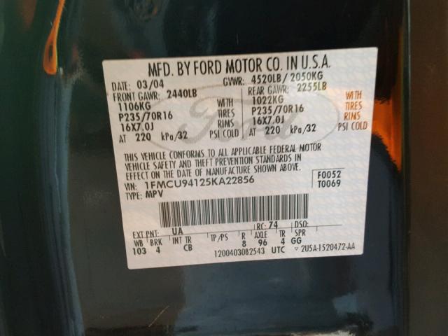 1FMCU94125KA22856 - 2005 FORD ESCAPE LIM BLACK photo 10