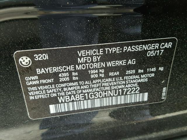 WBA8E1G30HNU17222 - 2017 BMW 320 I BLACK photo 10