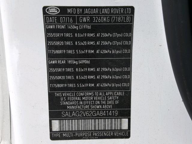 SALAG2V62GA841419 - 2016 LAND ROVER LR4 HSE WHITE photo 10