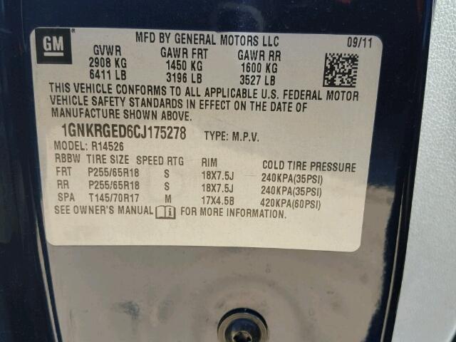 1GNKRGED6CJ175278 - 2012 CHEVROLET TRAVERSE L BLUE photo 10