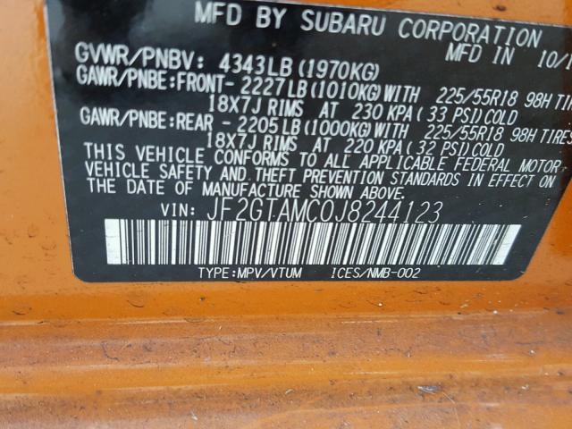 JF2GTAMC0J8244123 - 2018 SUBARU CROSSTREK ORANGE photo 10