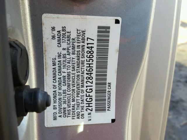 2HGFG12846H568417 - 2006 HONDA CIVIC EX Gümüş foto 10