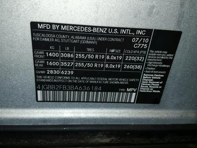 4JGBB2FB3BA636184 - 2011 MERCEDES-BENZ ML 350 BLU SILVER photo 10