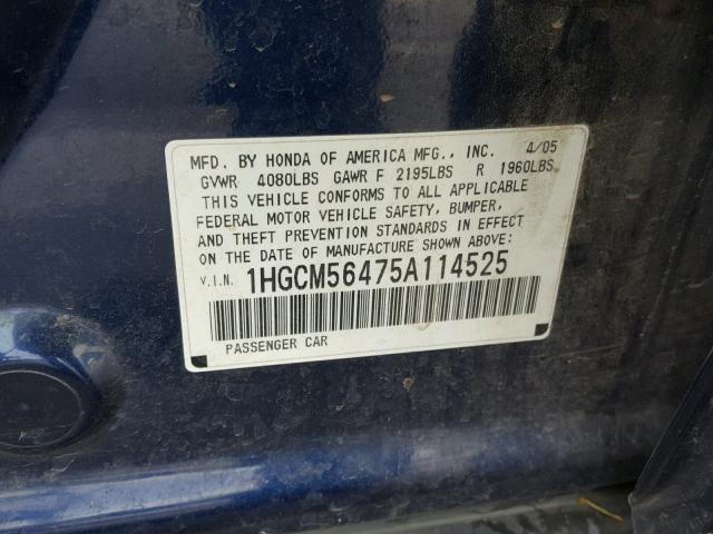 1HGCM56475A114525 - 2005 HONDA ACCORD LX BLUE photo 10