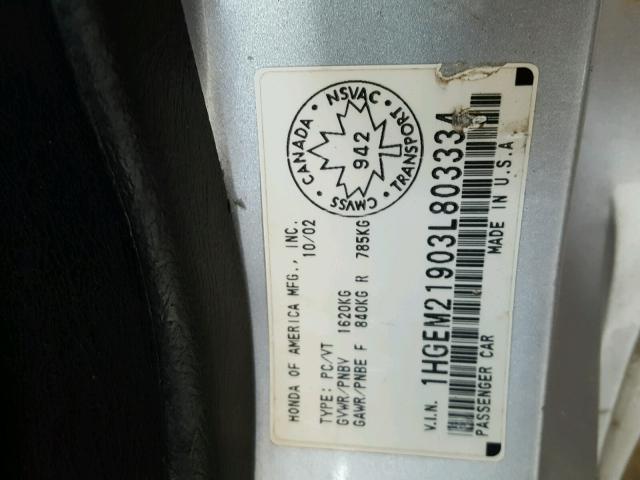 1HGEM21903L803334 - 2003 HONDA CIVIC EX Gümüş foto 10