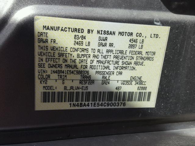 1N4BA41E54C900376 - 2004 NISSAN MAXIMA SE GRAY photo 10